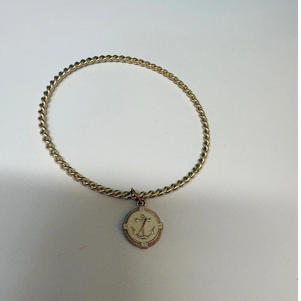 Gold Tone Nautical Anchor Coin Charm Twisted‎ Rope Bangle Bracelet 8 Inch